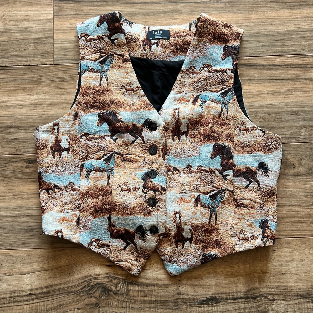 Dressed in LALA Tapestry Horse Print Button-Up Vest Sz Large